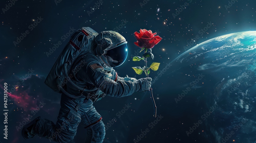 Fototapeta premium Astronaut Holding a Rose in Space