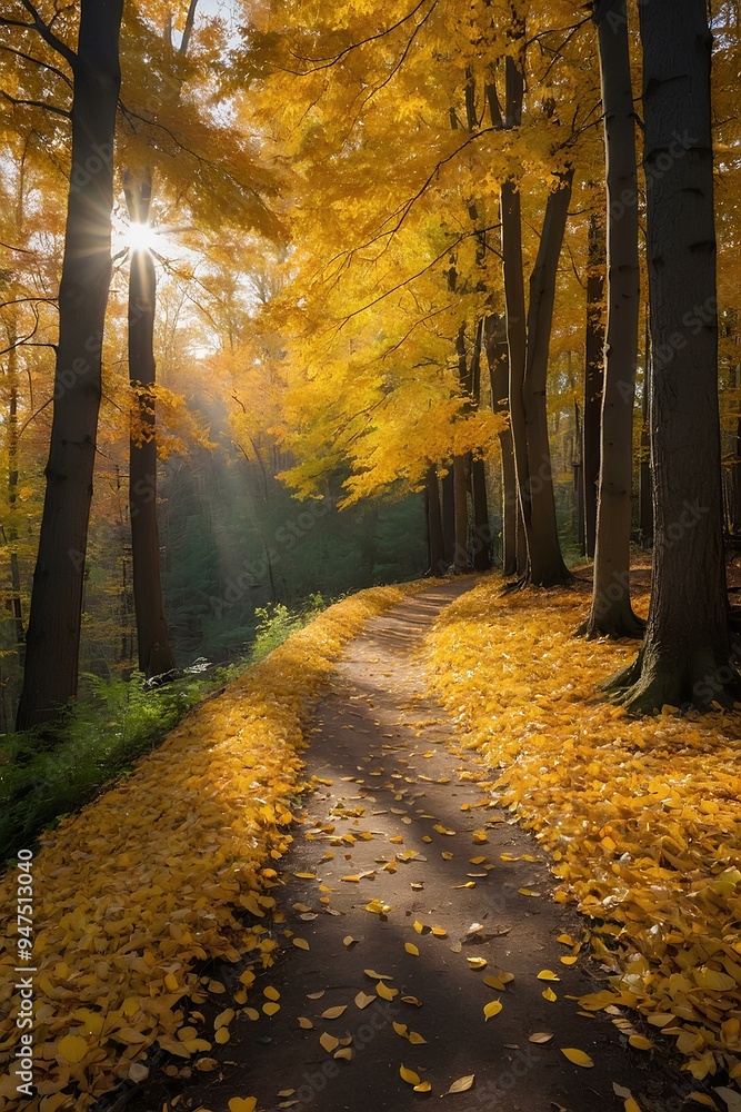 Serene Autumn Landscape with Golden Leaves and Misty Forest Path Serene Autumn Landscape with Golden Leaves and Misty Forest Path