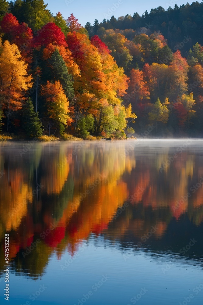 Obraz premium Serene Autumn Landscape with Golden Leaves and Misty Forest Path
