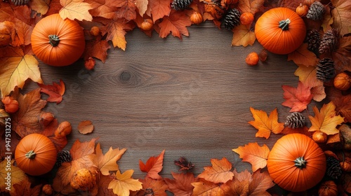 Frame of autumn Thanksgiving Day concept with warm cozy items, autumn leaves, pumpkins, pinecones on flat light background  