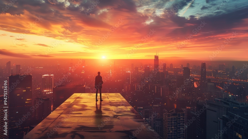 Silhouette of a Man on a Rooftop at Sunset Over a Cityscape Silhouette of a Man on a Rooftop at Sunset Over a Cityscape
