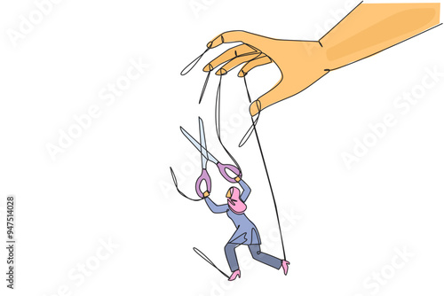 Single one line drawing Arabian businesswoman walking moved by ropes controlled by giant hand. Untangle with scissors. Freedom to move forward for better business. Continuous line graphic illustration