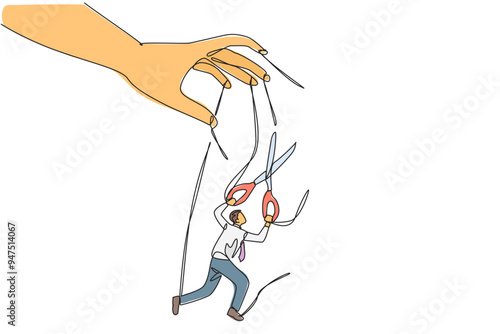 Single continuous line drawing the walking businessman moved by ropes controlled by giant hands. Trying to untie knot with scissors. Escape. Freedom in business. One line design vector illustration