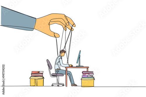 Continuous one line drawing businessman typing on a laptop, hands moved by ropes. Like having a lot of debt, not being able to move freely. Controlled. Single line draw design vector illustration