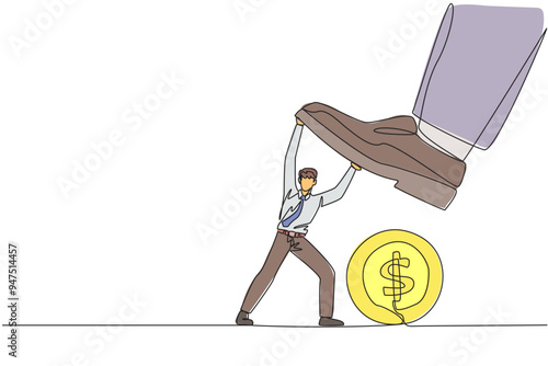 Continuous one line drawing businessman holds back a giant foot wants to step on large coin with dollar symbol. Resist vandals who want to thwart business. Single line draw design vector illustration