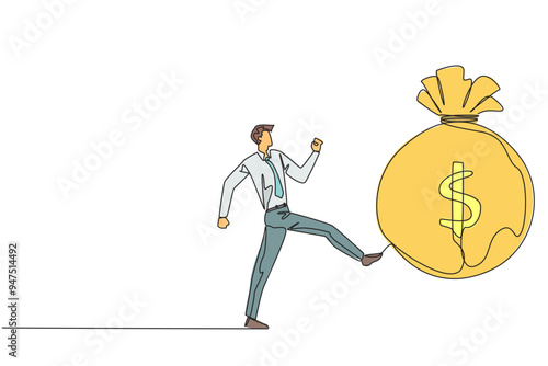 Single continuous line drawing businessman kicking money bag. Throwing away a golden opportunity to make big profits. No investments are empowered. Slow growth. One line design vector illustration