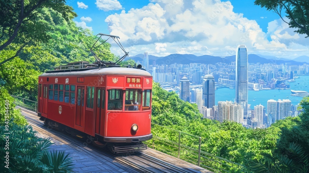 Naklejka premium Hong Kong Tram Ride with Stunning Cityscape