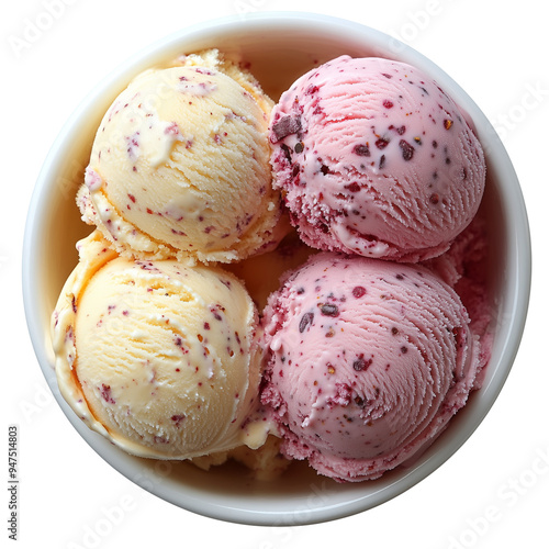 Top view close up of ice cream scoop that various flavor in bowl isolated on Transparent background