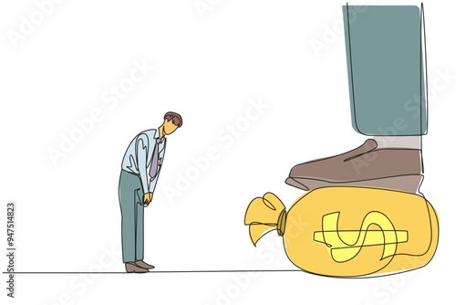 Single continuous line drawing businessman nodded in front of the giant foot stepping on the money bag. Good relationship. Entrepreneurs who respect financiers. One line design vector illustration