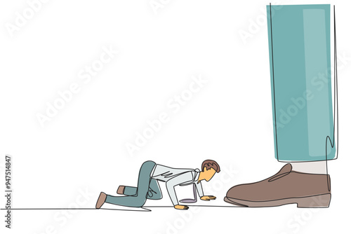 Continuous one line drawing businessman kneels and licks giant foot. Submissive. Licker. Mischievous in the company. Selfish. Destroying team cohesion. Single line draw design vector illustration photo