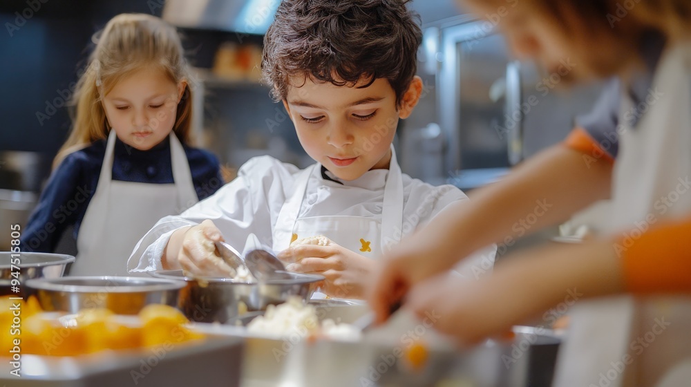 scene of a school cooking class with students learning to prepare a meal. scene of a school cooking class with students learning to prepare a meal.