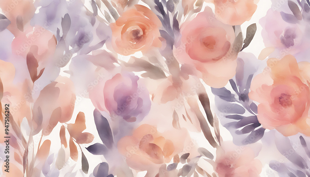 Obraz premium Abstract Watercolor Floral Pattern with Blurry Pastel Roses and Leaves