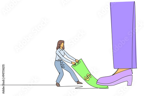Continuous one line drawing businesswoman pulling banknotes that  stepped on by giant feet. The struggle to seize rights from unjust sovereigns. Sacrifice. Single line draw design vector illustration