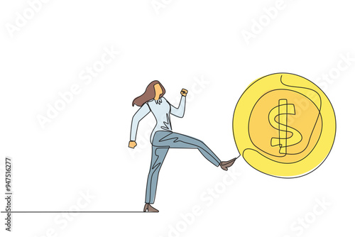 Single continuous line drawing businesswoman kicking big coin with a dollar symbol. Sacrificing small profits to open a new business. Gambling. Open opportunities. One line design vector illustration