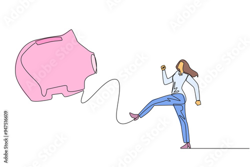 Single one line drawing businesswoman kicking the piggy bank. Bad example. Doing useless things. Living without having assets. Difficulty in retirement. Continuous line design graphic illustration