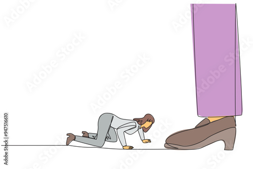 Single continuous line drawing businesswoman kneels and licks giant foot. Sacrificing self-esteem. Doing anything for profit. Make extra sacrifices for the team. One line design vector illustration