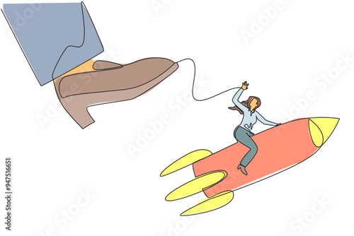 Continuous one line drawing businesswoman riding a rocket flies away from the giant foot. Redirection. Extra hard struggle to open a new business branch. Single line draw design vector illustration