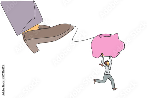 Single one line drawing businesswoman carrying piggy bank run away from giant foot. Taking investments must be trusted. The sovereigns prepare to destroy. Continuous line design graphic illustration