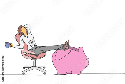 Continuous one line drawing businesswoman sitting relax in work chair holding mug. Foot resting on piggy bank. Fantasize about the importance of investing. Single line draw design vector illustration