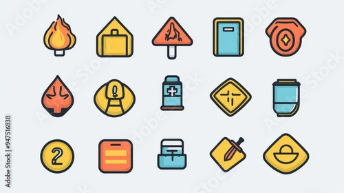 series of safety icons, featuring symbols for emergency services, warnings, and first aid.