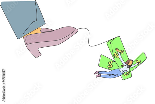 Continuous one line drawing businesswoman flying using banknote wings. Spread wings to expand business. Must be stable in business. Fly as high as the sky. Single line draw design vector illustration