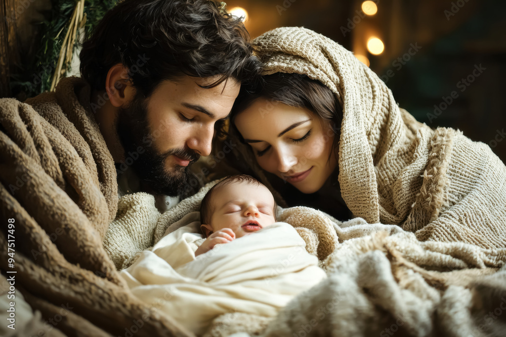 Loving Family Bond with a Newborn in Cozy Setting. A serene photo of a mother and father, wrapped in soft blankets, watching over their sleeping baby, reflecting tender family affection.
Loving Family Bond with a Newborn in Cozy Setting. A serene photo of a mother and father, wrapped in soft blankets, watching over their sleeping baby, reflecting tender family affection.