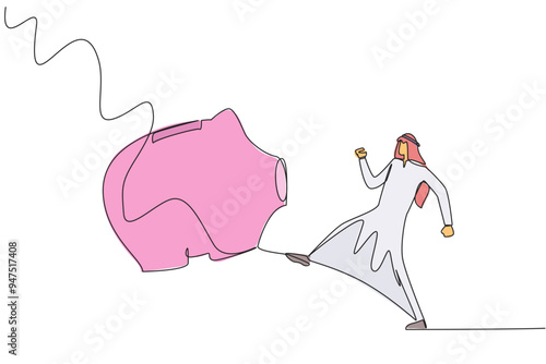 Single one line drawing Arab businessman kicking piggy bank. Emotions reduce intelligence. Wasting quite a large asset. The opportunity to invest is wasted. Continuous line design graphic illustration