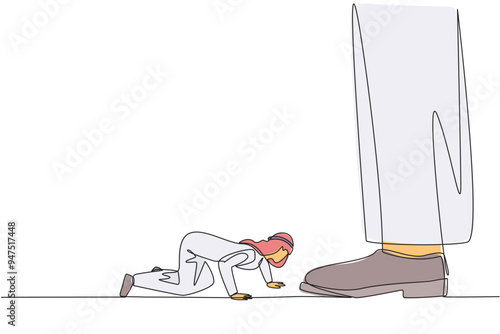 Continuous one line drawing Arabian businessman kneels and licks giant foot. Begging to the investors to disburse reserve funds. Avoid bankruptcy. Struggle. Single line draw design vector illustration