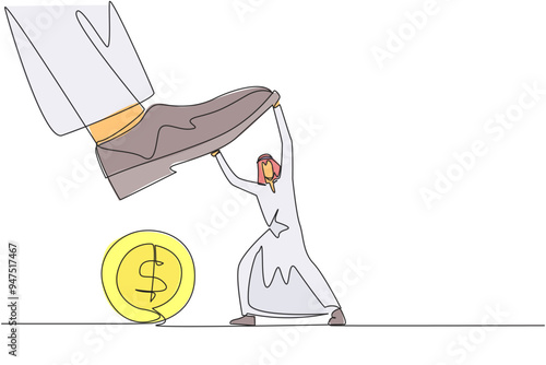 Single continuous line drawing Arabian businessman holds back a giant foot wants to step on the coin with dollar symbol. Resisting the greed of the sovereigns. One line design vector illustration