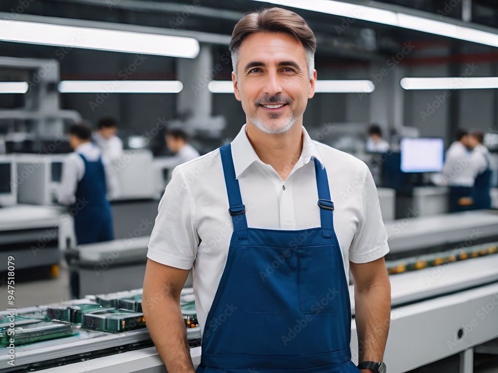 Hispanic man with grey hair wearing a blue apron standing in an electronic manufacturing factory Smiling confidently among coworkers working on assembly lines in background Hispanic man with grey hair wearing a blue apron standing in an electronic manufacturing factory Smiling confidently among coworkers working on assembly lines in background