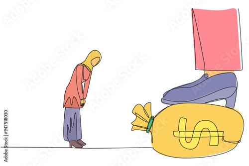 Continuous one line drawing Arab businesswoman nodded in front of the giant foot stepping on money bag. Deal that makes it difficult to make big profits. Single line draw design vector illustration