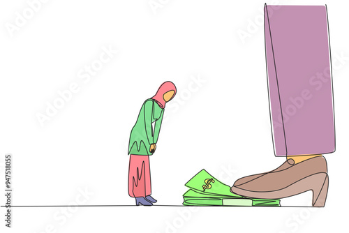 Single one line drawing Arab businesswoman nodded in front of giant foot stepping on wad of banknotes. Request payment is not withheld. Business continuity. Continuous line design graphic illustration