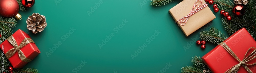 Festive Christmas gifts and decorations on a vibrant green background, perfect for holiday-themed designs and celebrations. Festive Christmas gifts and decorations on a vibrant green background, perfect for holiday-themed designs and celebrations.