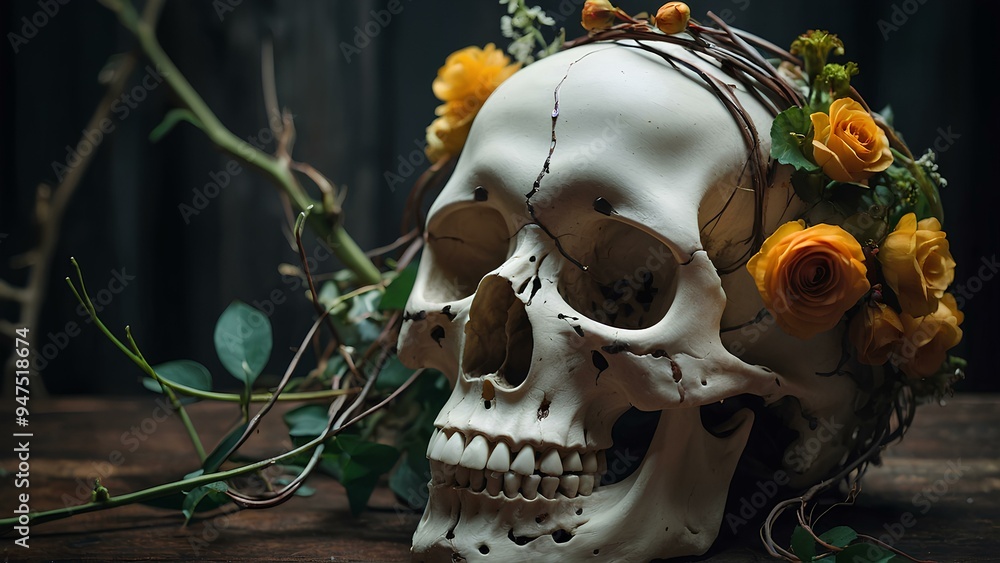 Mysterious Skull with Gothic Engravings in a Dark Fantasy Setting Mysterious Skull with Gothic Engravings in a Dark Fantasy Setting