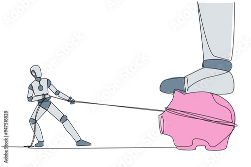 Single continuous line drawing smart robot tries to take piggy bank stepped on by giant foot. With artificial intelligence, pulling with a rope. Technology AI. One line design vector illustration