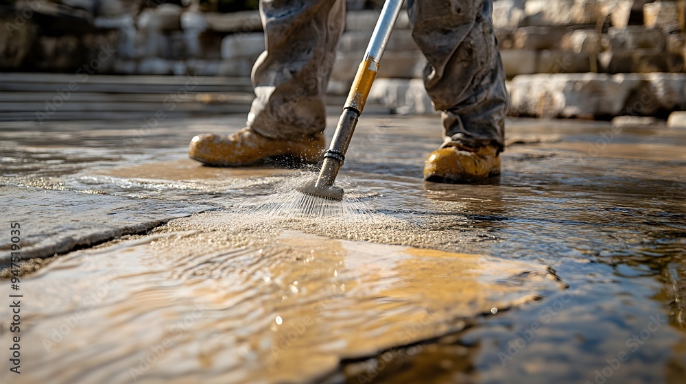 Sweeping away sand from newly laid stones, followed by a gentle rinse with water, focusing on the clean, fresh look of the construction surface Sweeping away sand from newly laid stones, followed by a gentle rinse with water, focusing on the clean, fresh look of the construction surface