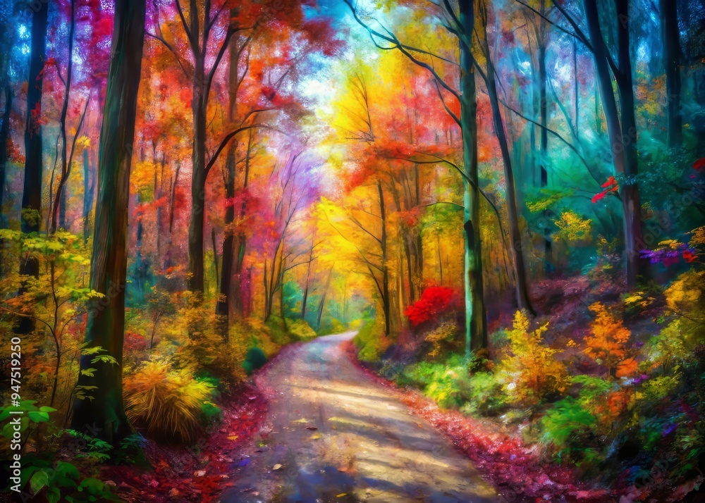 Vibrant strokes of emerald, amber, and crimson dance across the canvas, evoking the mystique of a forest path shrouded in morning mist. Vibrant strokes of emerald, amber, and crimson dance across the canvas, evoking the mystique of a forest path shrouded in morning mist.