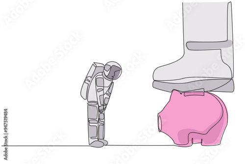 Single one line drawing astronaut nodded in front of giant foot that stepped on piggy bank. Request permission to invest in the next expedition. Galaxy. Continuous line design graphic illustration