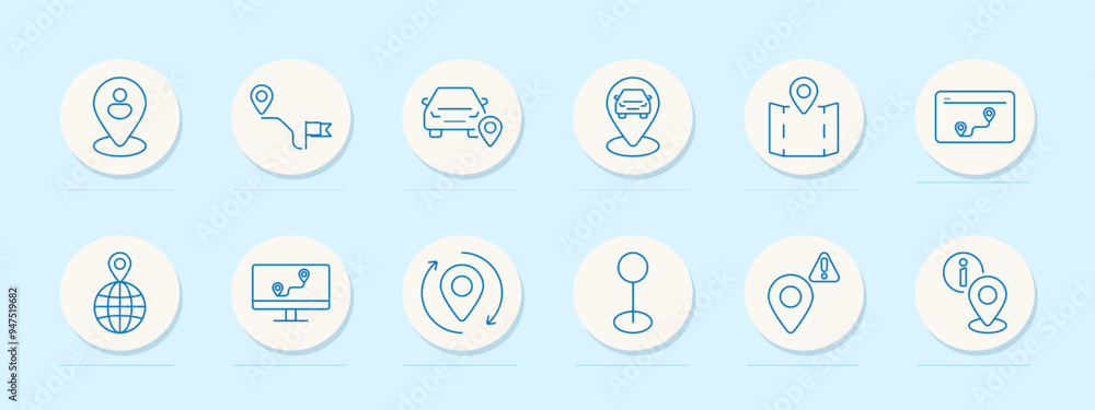 Location set icon. Pin, map, car, flag, globe, route, destination, GPS, marker, navigation, travel, journey, geography, global, tracking, point of interest, direction, world, cartography Location set icon. Pin, map, car, flag, globe, route, destination, GPS, marker, navigation, travel, journey, geography, global, tracking, point of interest, direction, world, cartography