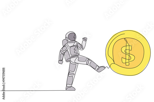 Single continuous line drawing astronaut kicking a big coin with a dollar symbol. Emotional. Donated funds are not enough for an expedition to the moon. Cosmonaut. One line design vector illustration
