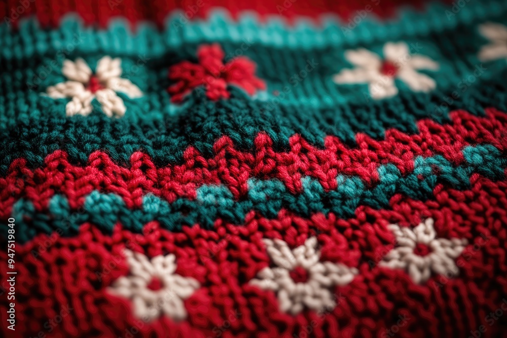 Fototapeta premium Cozy Christmas background with a knitted sweater pattern in festive colors