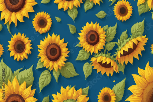 Frame made of blooming sunflowers with green leaves on blue background with copy space. Harvest, agriculture, farming concept.