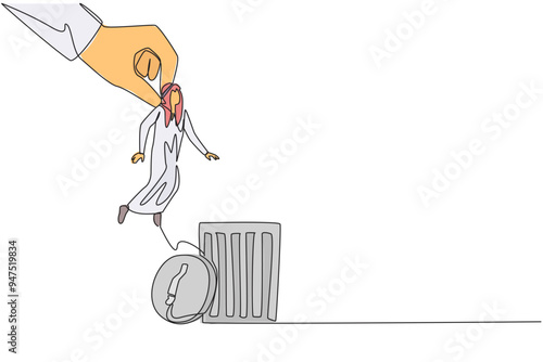 Single continuous line drawing Arabian businessman is lifted by giant hand and will be put into a trash can. Traitor. Makes business plan leaky and unprofitable. One line design vector illustration