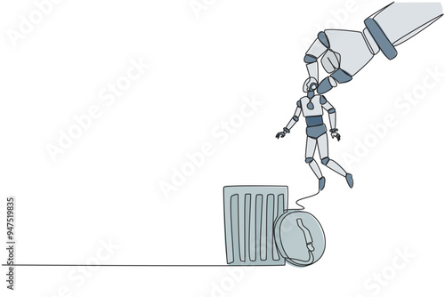 Single one line drawing the robot is lifted by a giant hand and will be put into a trash can. Failed experimental product. Will be thrown away and recycled. Continuous line design graphic illustration