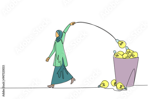 Continuous one line drawing Arabian businesswoman walking throwing lightbulb into trash can. Unable to manage multiple business schedules. Prepare to lose. Single line draw design vector illustration