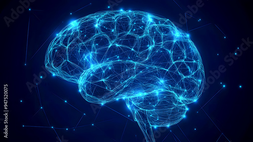 A digital blueprint-style illustration of a human brain, with glowing plexus lines forming a detailed map of neural connections. The brain is rendered in clean