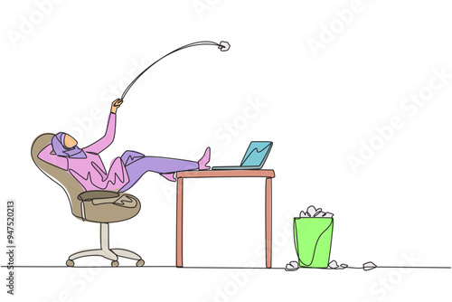 Single continuous line drawing Arabian businesswoman sitting in a chair throwing wads of paper into trash. Haven't gotten best idea for promotional materials yet. One line design vector illustration photo