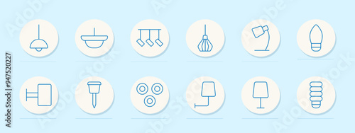 Lighting fixture set icon. Pendant light, table lamp, spotlight, ceiling light, floor lamp, bulb, interior, electric, home, decor, illumination, fixture, modern, design, lighting
