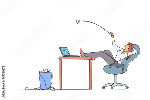 Continuous one line drawing businesswoman sitting in chair throwing wads of paper into trash. Spending time on useless things. Not taking advantage of time. Single line draw design vector illustration