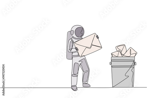 Continuous one line drawing astronaut throw large envelope in the trash. Avoid continuous incoming email attacks. Deleting. Space man cosmic galaxy concept. Single line draw design vector illustration